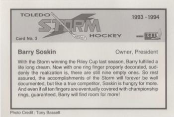 1993-94 Toledo Storm (ECHL) #3 Barry Soskin Back