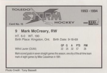 1993-94 Toledo Storm (ECHL) #15 Mark McCreary Back