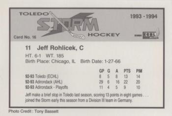 1993-94 Toledo Storm (ECHL) #16 Jeff Rohlicek Back