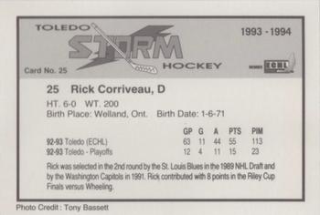 1993-94 Toledo Storm (ECHL) #25 Rick Corriveau Back