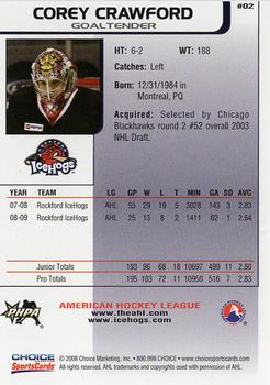 2008-09 Choice Rockford IceHogs (AHL) Anniversary Set #02 Corey Crawford Back