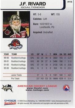 2008-09 Choice Rockford IceHogs (AHL) Anniversary Set #15 J.F. Rivard Back