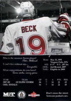 2008-09 M&T Printing Guelph Storm (OHL) #NNO Taylor Beck Back