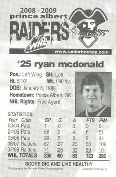 2008-09 Prince Albert Raiders (WHL) #NNO Ryan McDonald Back