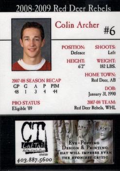 2008-09 Cat Tail Design and Printing Red Deer Rebels (WHL) #4 Colin Archer Back