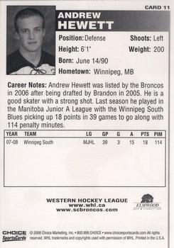 2008-09 Choice Swift Current Broncos (WHL) #11 Andrew Hewett Back