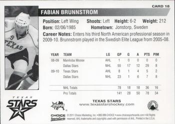 2010-11 Choice Texas Stars (AHL) #18 Fabian Brunnstrom Back
