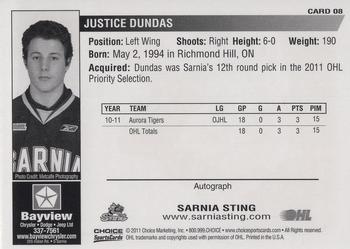 2011-12 Choice Sarnia Sting (OHL) #8 Justice Dundas Back
