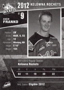2011-12 Kelowna Rockets (WHL) #NNO Zach Franko Back