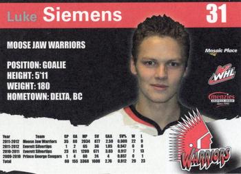 2011-12 Moose Jaw Warriors (WHL) #2 Luke Siemens Back