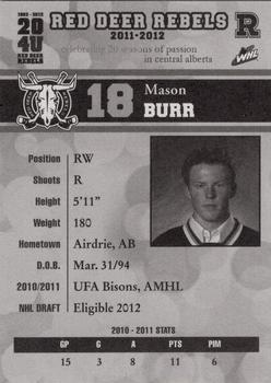 2011-12 Red Deer Rebels (WHL) #14 Mason Burr Back