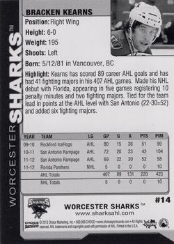2012-13 Choice Worcester Sharks (AHL) #14 Bracken Kearns Back
