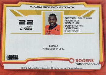 2012-13 Extreme Owen Sound Attack (OHL) #17 Jaden Lindo Back