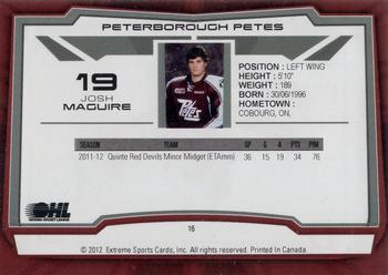 2012-13 Extreme Peterborough Petes (OHL) #16 Josh Maguire Back