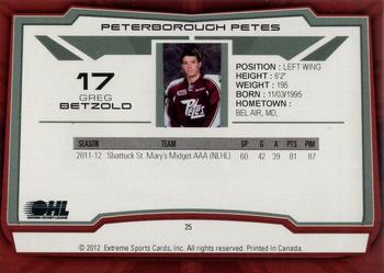 2012-13 Extreme Peterborough Petes (OHL) #25 Greg Betzold Back