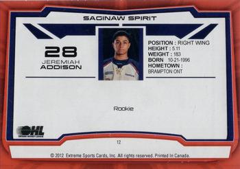 2012-13 Extreme Saginaw Spirit (OHL) #12 Jeremiah Addison Back