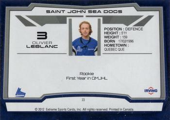 2012-13 Extreme Saint John Sea Dogs (QMJHL) #23 Olivier Leblanc Back