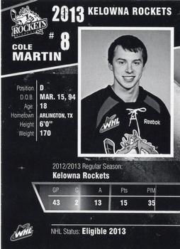 2012-13 Kelowna Rockets (WHL) #NNO Cole Martin Back