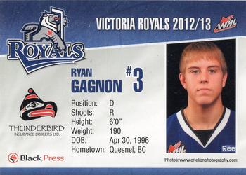 2012-13 Black Press Victoria Royals (WHL) #9 Ryan Gagnon Back