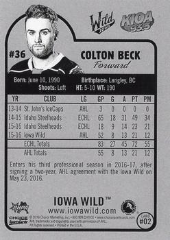 2016-17 Choice Iowa Wild (AHL) #02 Colton Beck Back