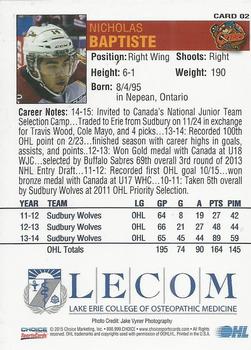 2014-15 Choice Erie Otters (OHL) #2 Nick Baptiste Back