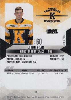 2014-15 Extreme Kingston Frontenacs OHL #18 Jeremy Helvig Back
