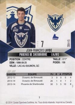 2014-15 Extreme Sherbrooke Phoenix QMJHL #5 Jean-Francois Lavoie Back