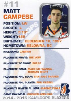 2014-15 Kamloops Blazers (WHL) #2 Matthew Campese Back