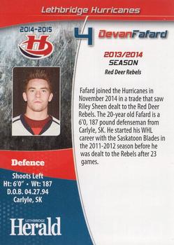 2014-15 Lethbridge Herald Lethbridge Hurricanes (WHL) #6 Devan Fafard Back