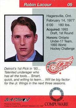 1993-94 Slapshot Detroit Jr. Red Wings (OHL) #5 Robin Delacoure Back