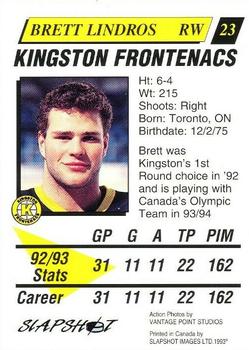 1993-94 Slapshot Kingston Frontenacs (OHL) #23 Brett Lindros Back