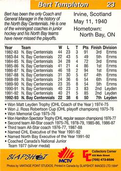 1993-94 Slapshot North Bay Centennials (OHL) #23 Bert Templeton Back