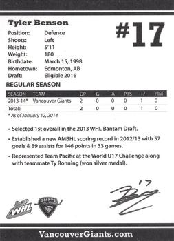 2013-14 Vancouver Giants (WHL) #NNO Tyler Benson Back