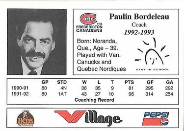 1992-93 Fredericton Canadiens (AHL) #NNO Paulin Bordeleau Back