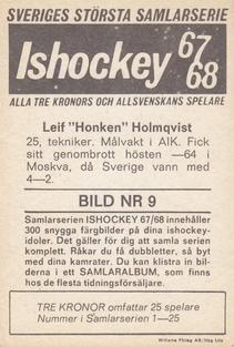 1967-68 Williams Ishockey (Swedish) #9 Leif Holmqvist Back