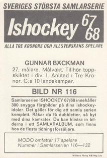 1967-68 Williams Ishockey (Swedish) #116 Gunnar Backman Back