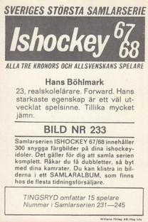 1967-68 Williams Ishockey (Swedish) #233 Hans Bohlmark Back
