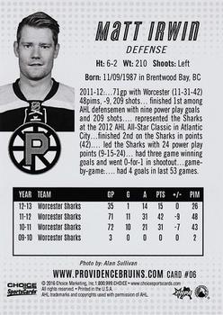 2015-16 Choice Providence Bruins (AHL) #6 Matt Irwin Back