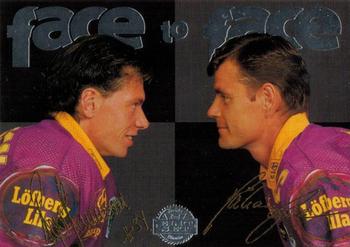 1995-96 Leaf Elit Set (Swedish) - Face to Face #5 Hakan Loob / Roger Johansson Front