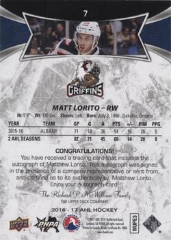 2016-17 Upper Deck AHL - Autographs #7 Matthew Lorito Back