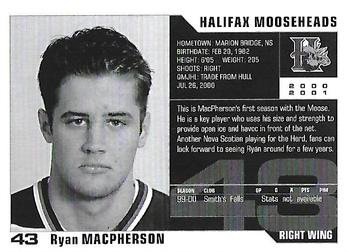 2000-01 Halifax Mooseheads (QMJHL) #NNO Ryan MacPherson Back