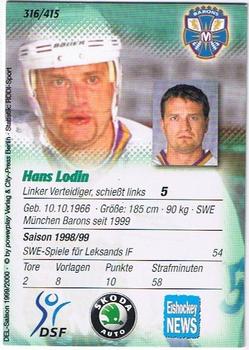 1999-00 Powerplay DEL (German) #316 Hans Lodin Back