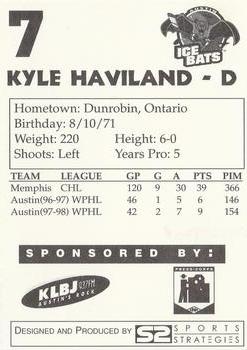 1997-98 Papa John's Austin Ice Bats (WPHL) #NNO Kyle Haviland Back