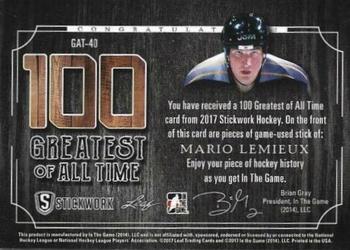 2017 Leaf In The Game Stickwork - 100 Greatest of All-Time Relics - Red #GAT-40 Mario Lemieux Back