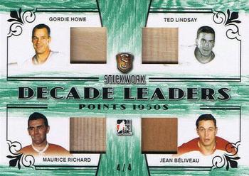 2017 Leaf In The Game Stickwork - Decade Leaders Relics - Emerald #DL-04 Gordie Howe / Ted Lindsay / Maurice Richard / Jean Béliveau Front