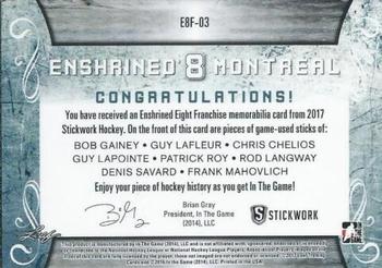 2017 Leaf In The Game Stickwork - Enshrined 8 Franchise Relics - Red #E8F-03 Bob Gainey / Guy Lafleur / Chris Chelios / Guy Lapointe / Patrick Roy / Rod Langway / Denis Savard / Frank Mahovlich Back