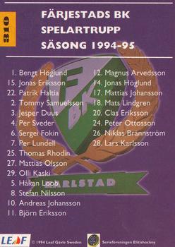 1994-95 Leaf Elit Set (Swedish) #310 Farjestads BK Back