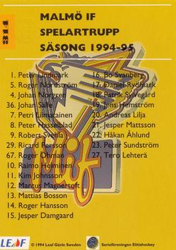 1994-95 Leaf Elit Set (Swedish) #314 Malmo IF Back
