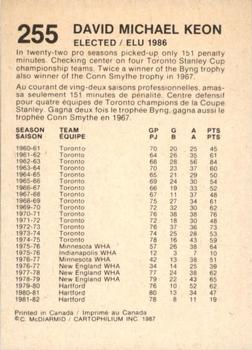 1987 Cartophilium Hockey Hall of Fame #255 Dave Keon Back