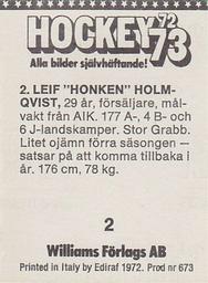 1972-73 Williams Hockey (Swedish) #2 Leif Holmqvist Back